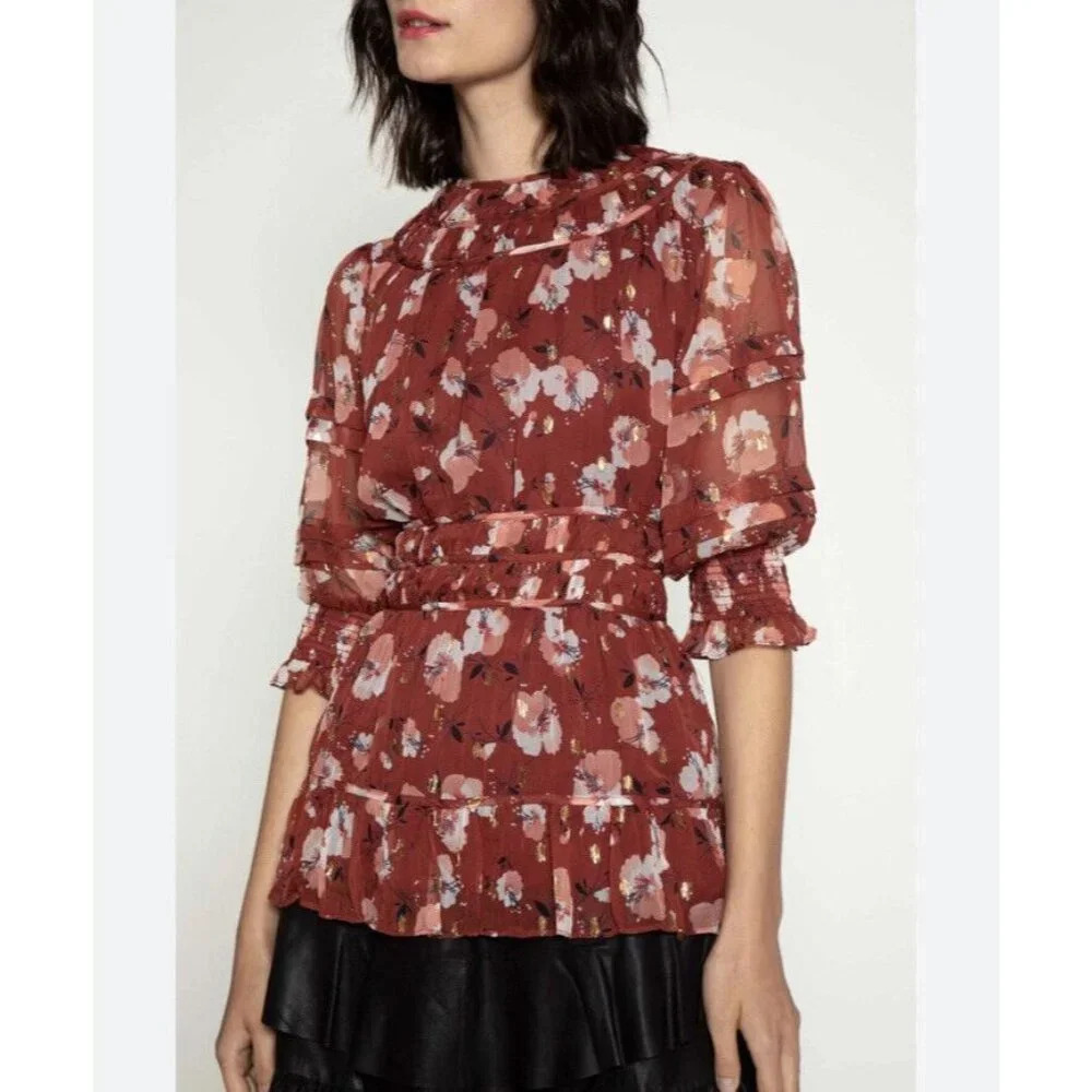 Walter Baker Zuma Blouse In Berry Hibiscus Floral Sz XS Women's flowere shirt